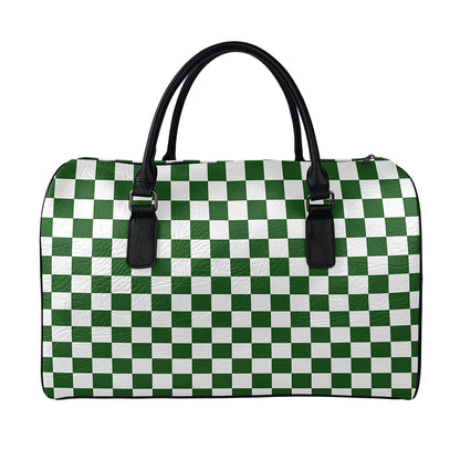 Forest Green And White Checkered Print Leather Duffle Bag