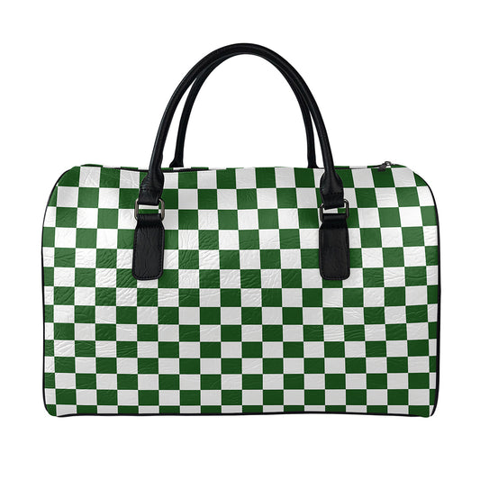 Forest Green And White Checkered Print Leather Duffle Bag