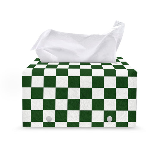 Forest Green And White Checkered Print Leather Tissue Box Cover