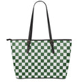 Forest Green And White Checkered Print Leather Tote Bag With Zipper
