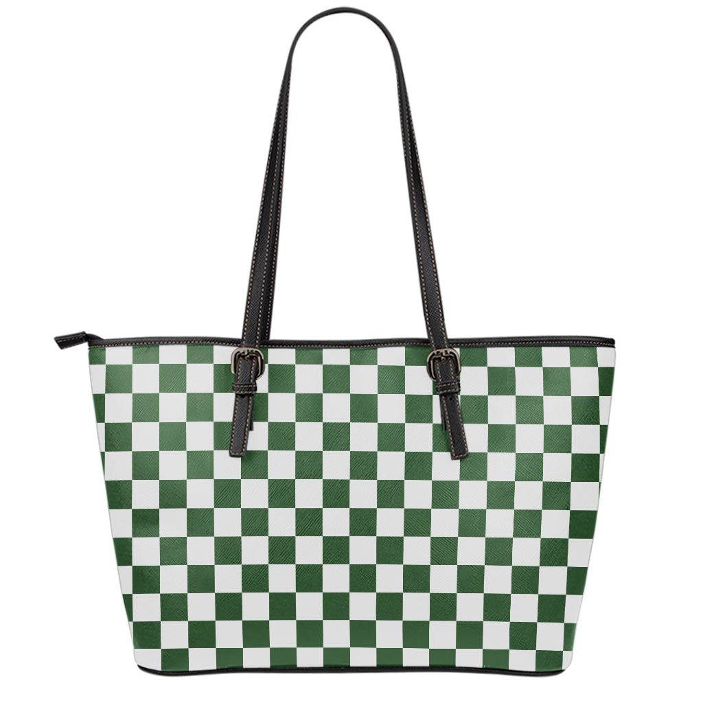 Forest Green And White Checkered Print Leather Tote Bag