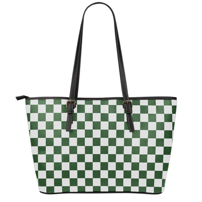 Forest Green And White Checkered Print Leather Tote Bag