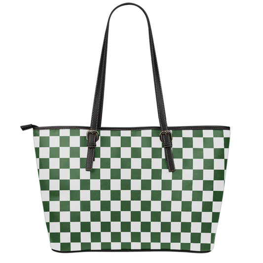 Forest Green And White Checkered Print Leather Tote Bag
