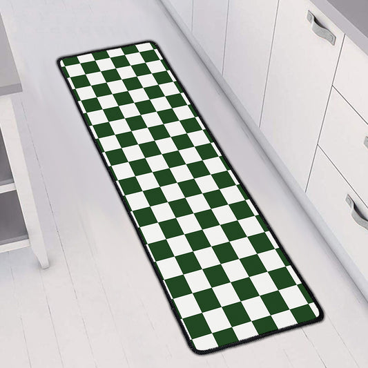 Forest Green And White Checkered Print Long Kitchen Mat