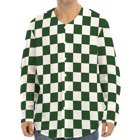 Forest Green And White Checkered Print Long Sleeve Baseball Jersey