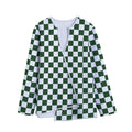 Forest Green And White Checkered Print Long Sleeve Short Coat