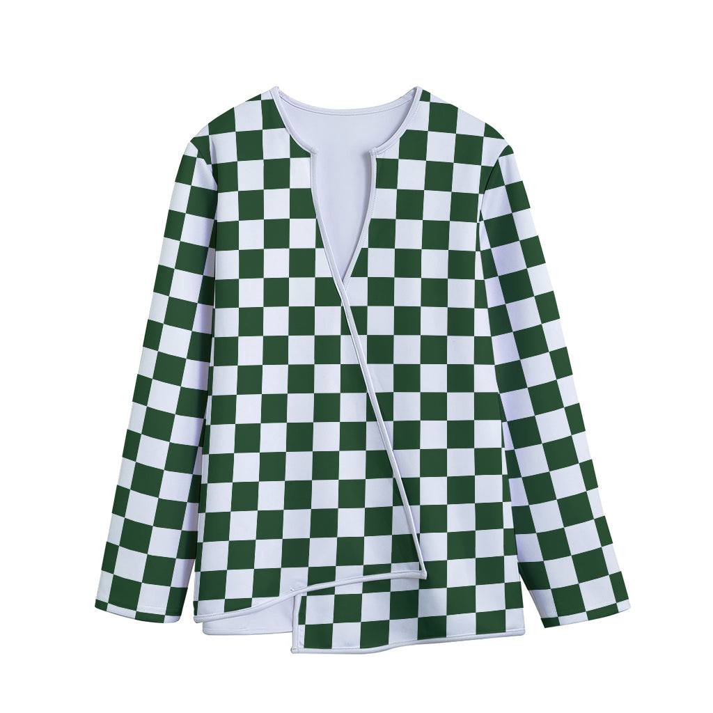 Forest Green And White Checkered Print Long Sleeve Short Coat