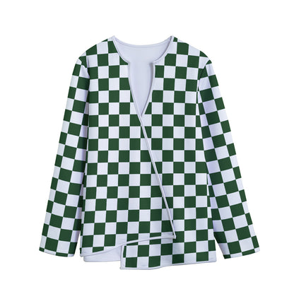 Forest Green And White Checkered Print Long Sleeve Short Coat