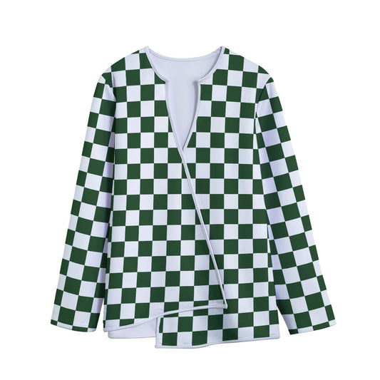 Forest Green And White Checkered Print Long Sleeve Short Coat
