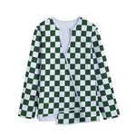 Forest Green And White Checkered Print Long Sleeve Short Coat