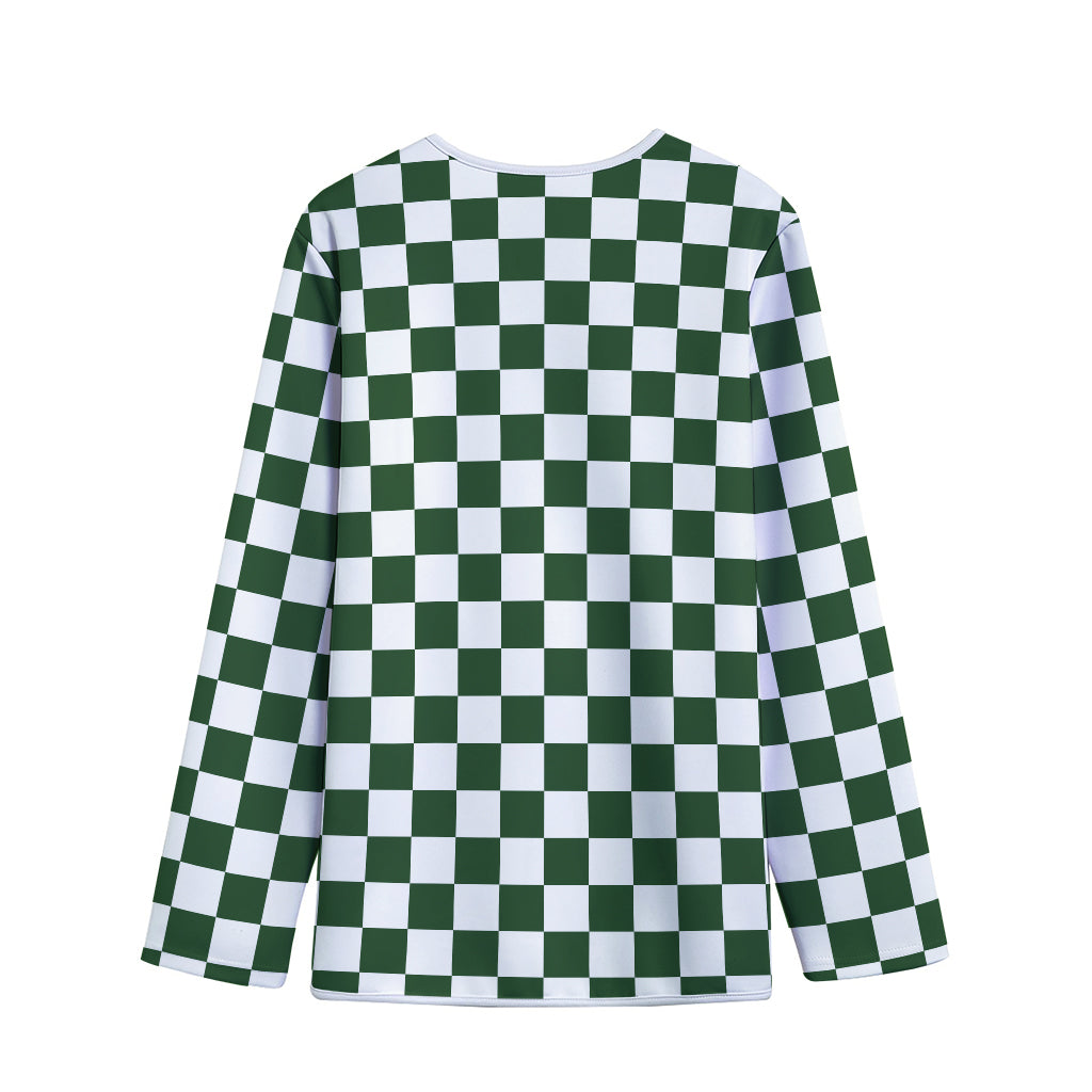 Forest Green And White Checkered Print Long Sleeve Short Coat