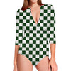 Forest Green And White Checkered Print Long Sleeve Swimsuit