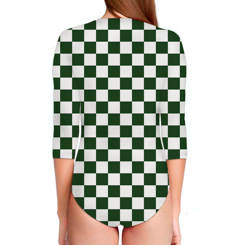 Forest Green And White Checkered Print Long Sleeve Swimsuit