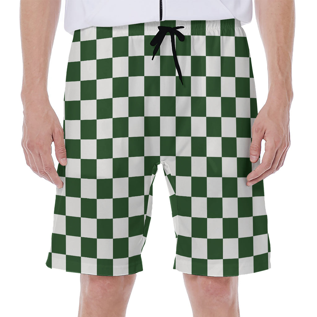 Forest Green And White Checkered Print Men's Beach Shorts