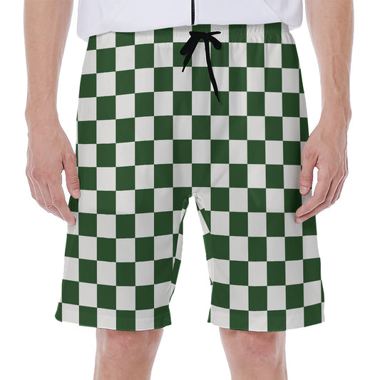 Forest Green And White Checkered Print Men's Beach Shorts