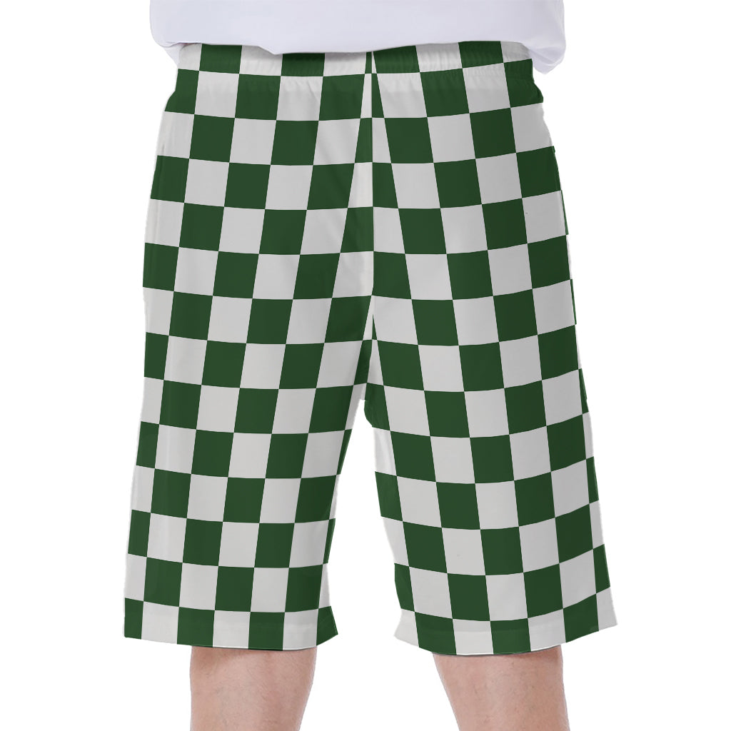 Forest Green And White Checkered Print Men's Beach Shorts