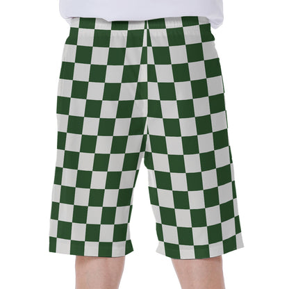 Forest Green And White Checkered Print Men's Beach Shorts