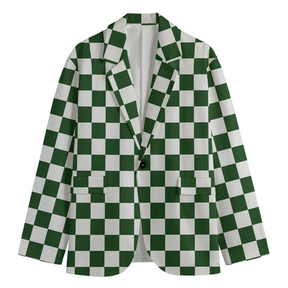 Forest Green And White Checkered Print Men's Blazer