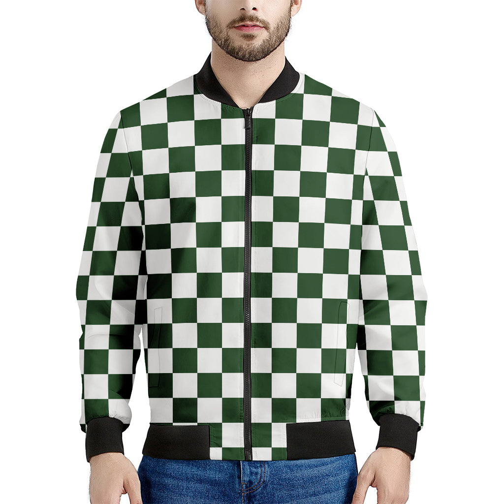 Forest Green And White Checkered Print Men's Bomber Jacket