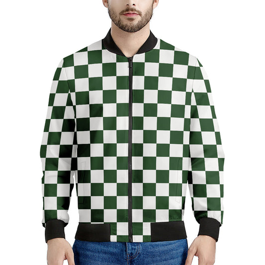 Forest Green And White Checkered Print Men's Bomber Jacket