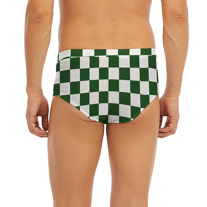 Forest Green And White Checkered Print Men's Briefs