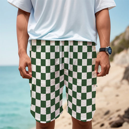 Forest Green And White Checkered Print Men's Cargo Shorts