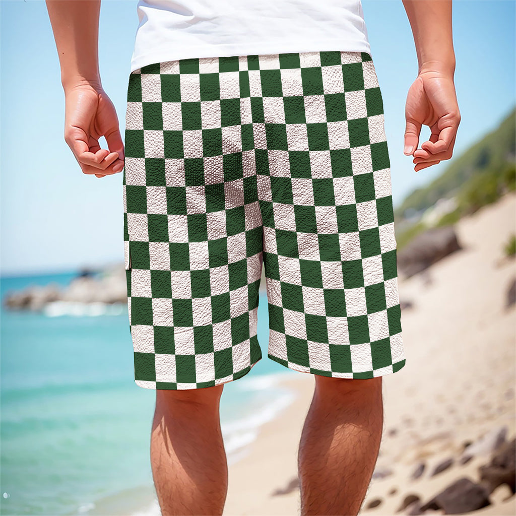 Forest Green And White Checkered Print Men's Cargo Shorts