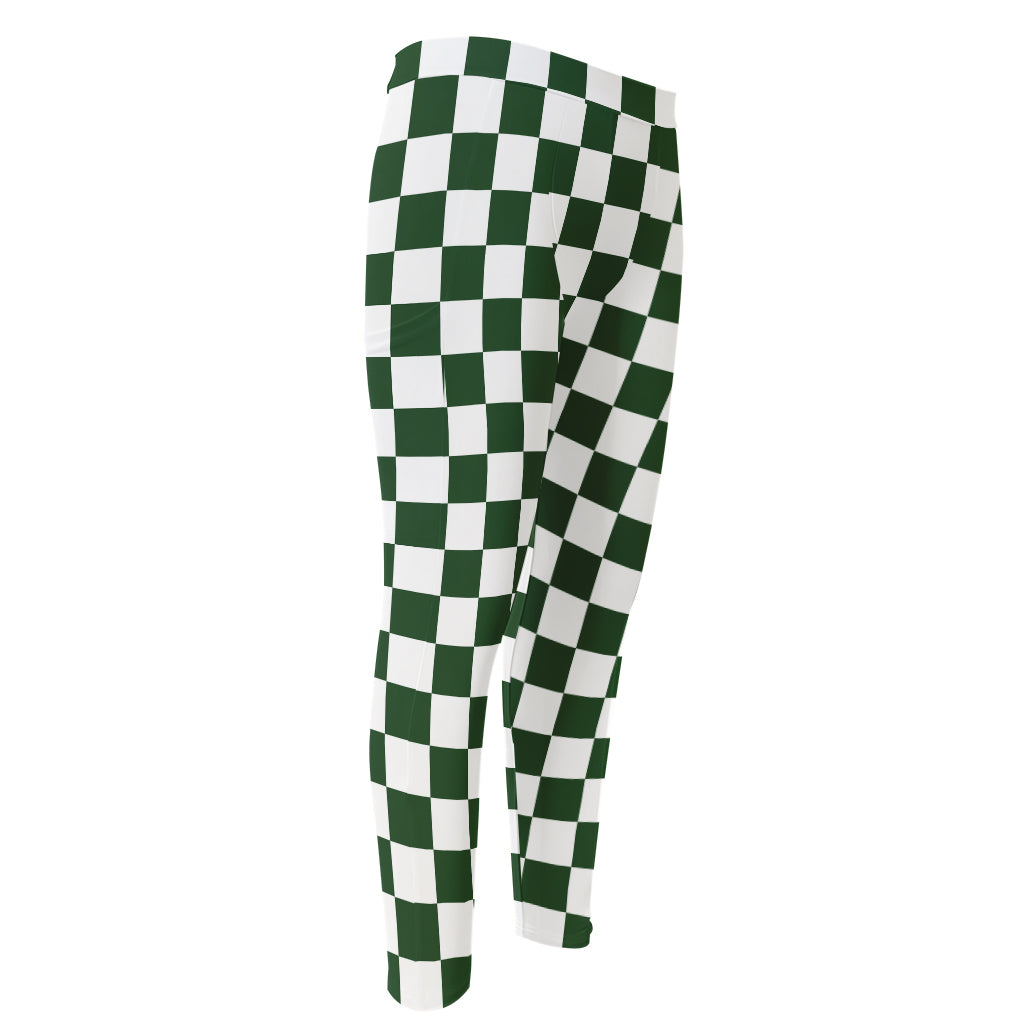 Forest Green And White Checkered Print Men's Compression Pants