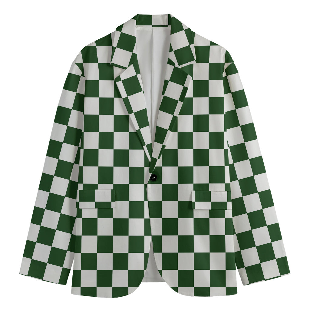 Forest Green And White Checkered Print Men's Cotton Blazer