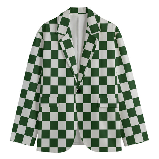 Forest Green And White Checkered Print Men's Cotton Blazer