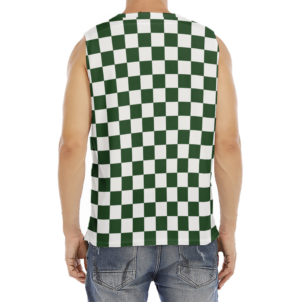 Forest Green And White Checkered Print Men's Fitness Tank Top