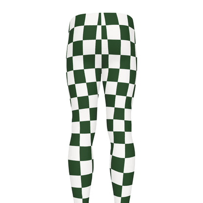 Forest Green And White Checkered Print Men's leggings