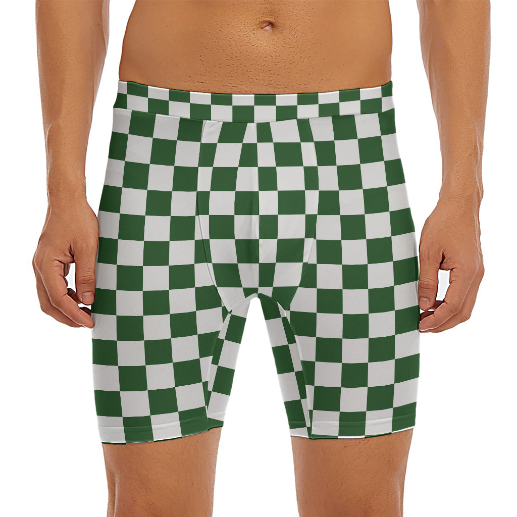 Forest Green And White Checkered Print Men's Long Boxer Briefs