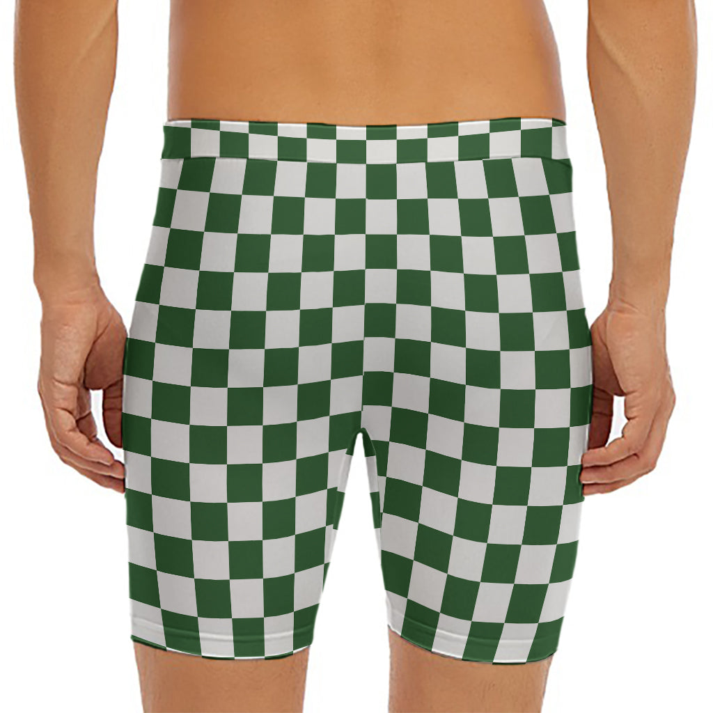 Forest Green And White Checkered Print Men's Long Boxer Briefs