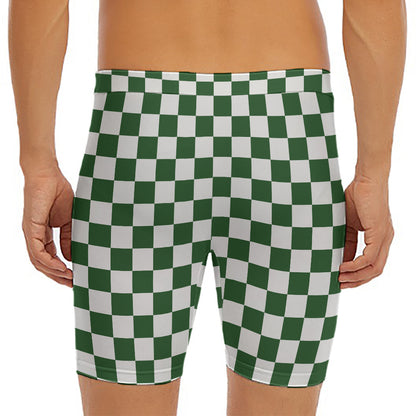 Forest Green And White Checkered Print Men's Long Boxer Briefs