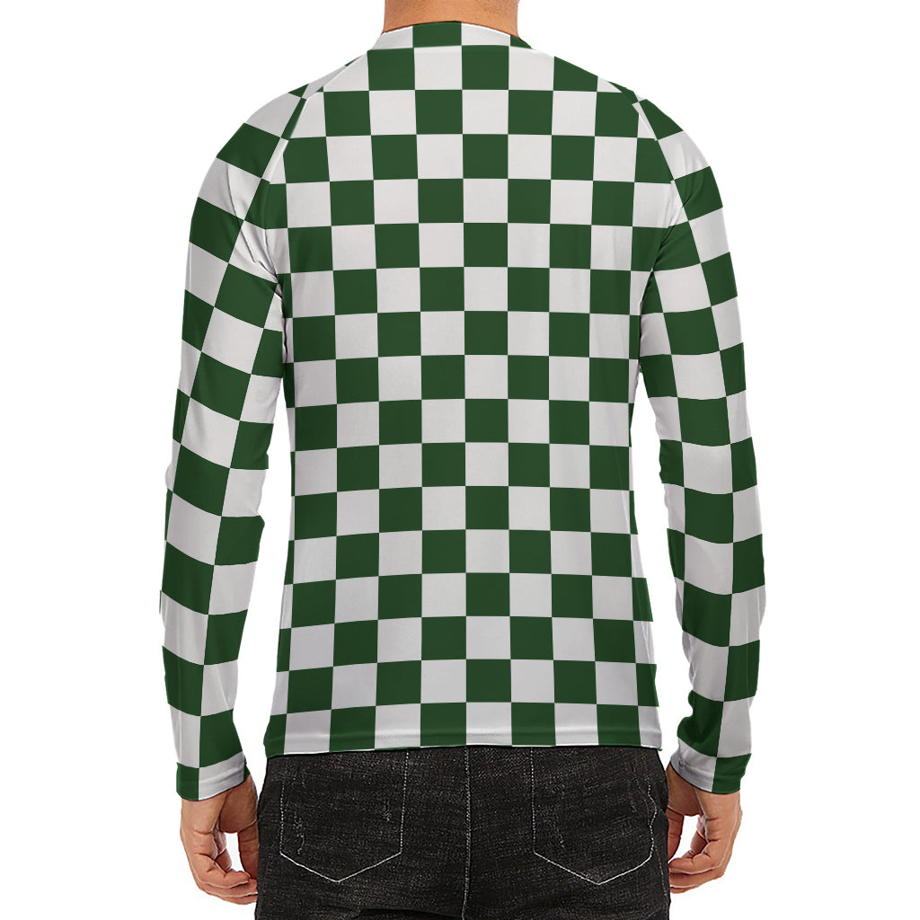 Forest Green And White Checkered Print Men's Long Sleeve Rash Guard
