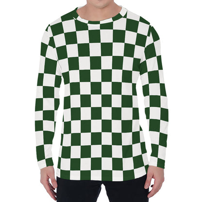 Forest Green And White Checkered Print Men's Long Sleeve T-Shirt