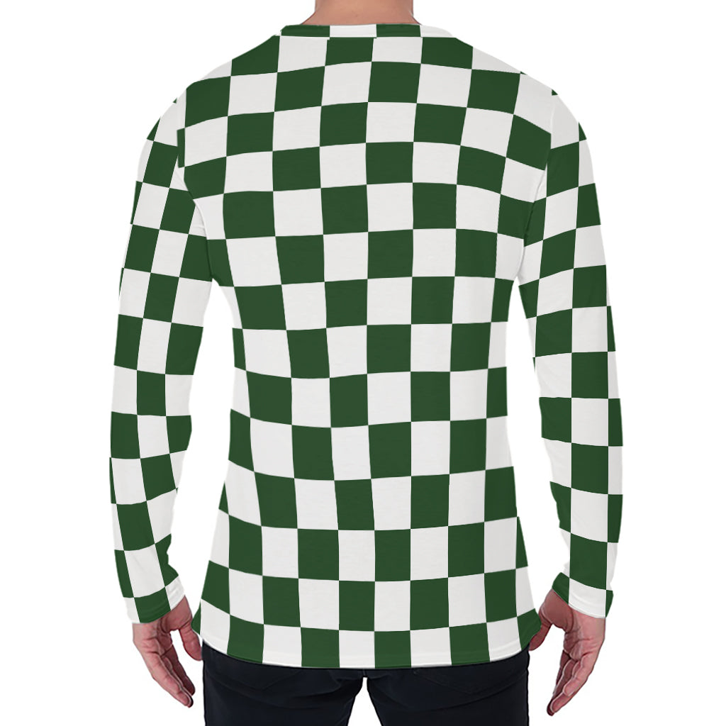 Forest Green And White Checkered Print Men's Long Sleeve T-Shirt
