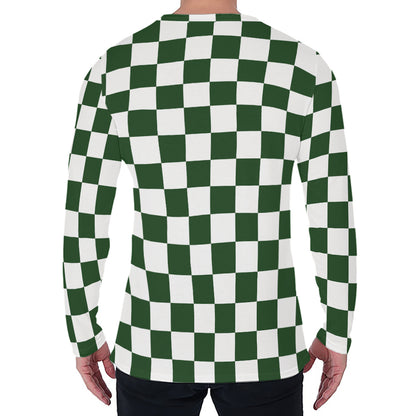 Forest Green And White Checkered Print Men's Long Sleeve T-Shirt