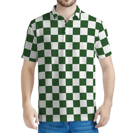 Forest Green And White Checkered Print Men's Polo Shirt