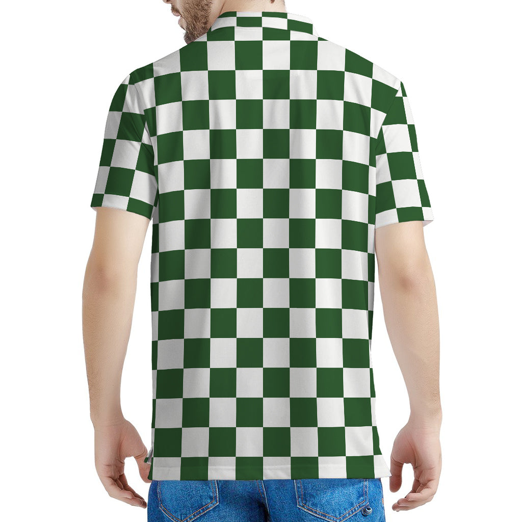 Forest Green And White Checkered Print Men's Polo Shirt