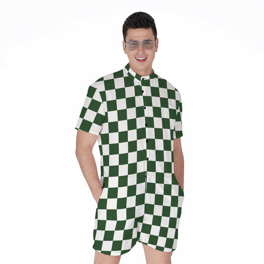Forest Green And White Checkered Print Men's Rompers