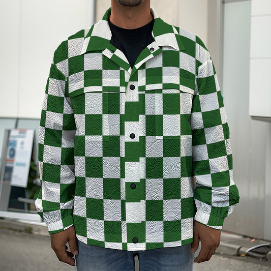 Forest Green And White Checkered Print Men's Shirt Jacket