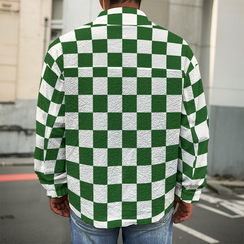 Forest Green And White Checkered Print Men's Shirt Jacket