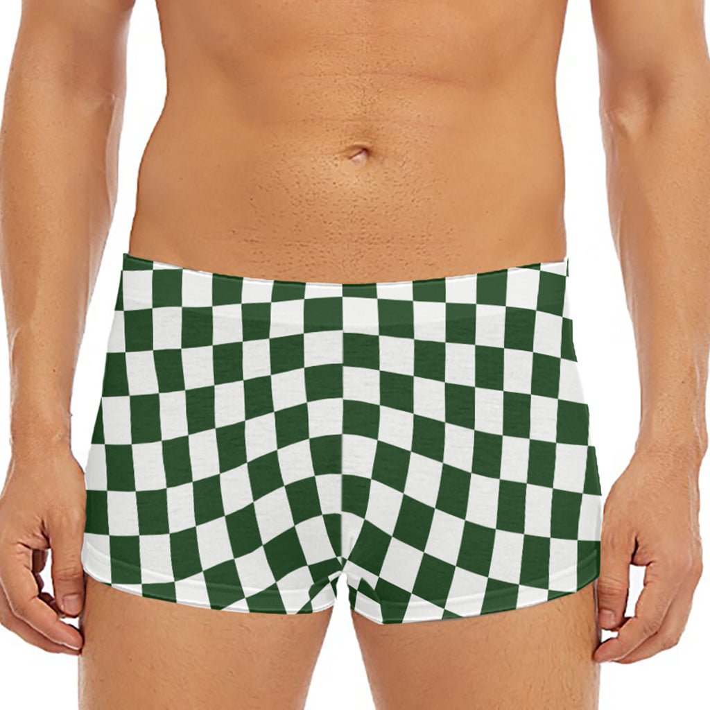 Forest Green And White Checkered Print Men's Short Boxer Briefs