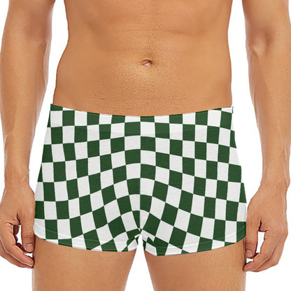 Forest Green And White Checkered Print Men's Short Boxer Briefs