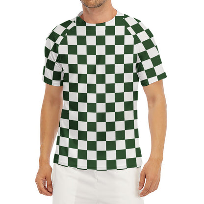 Forest Green And White Checkered Print Men's Short Sleeve Rash Guard