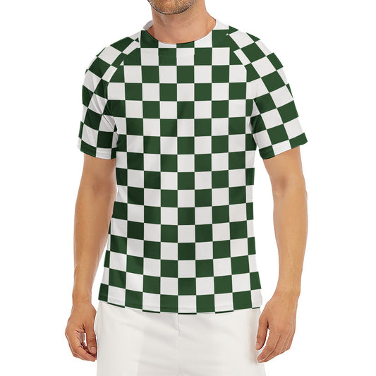Forest Green And White Checkered Print Men's Short Sleeve Rash Guard