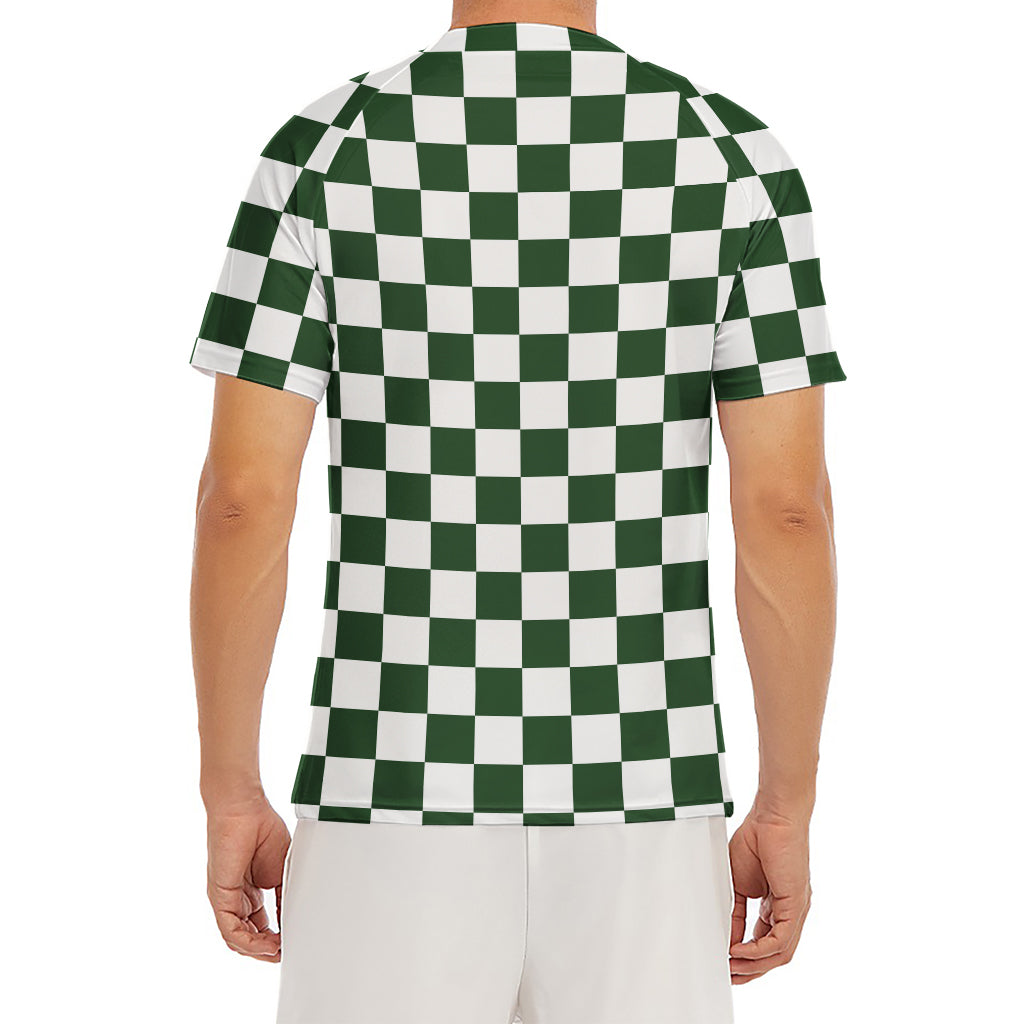 Forest Green And White Checkered Print Men's Short Sleeve Rash Guard