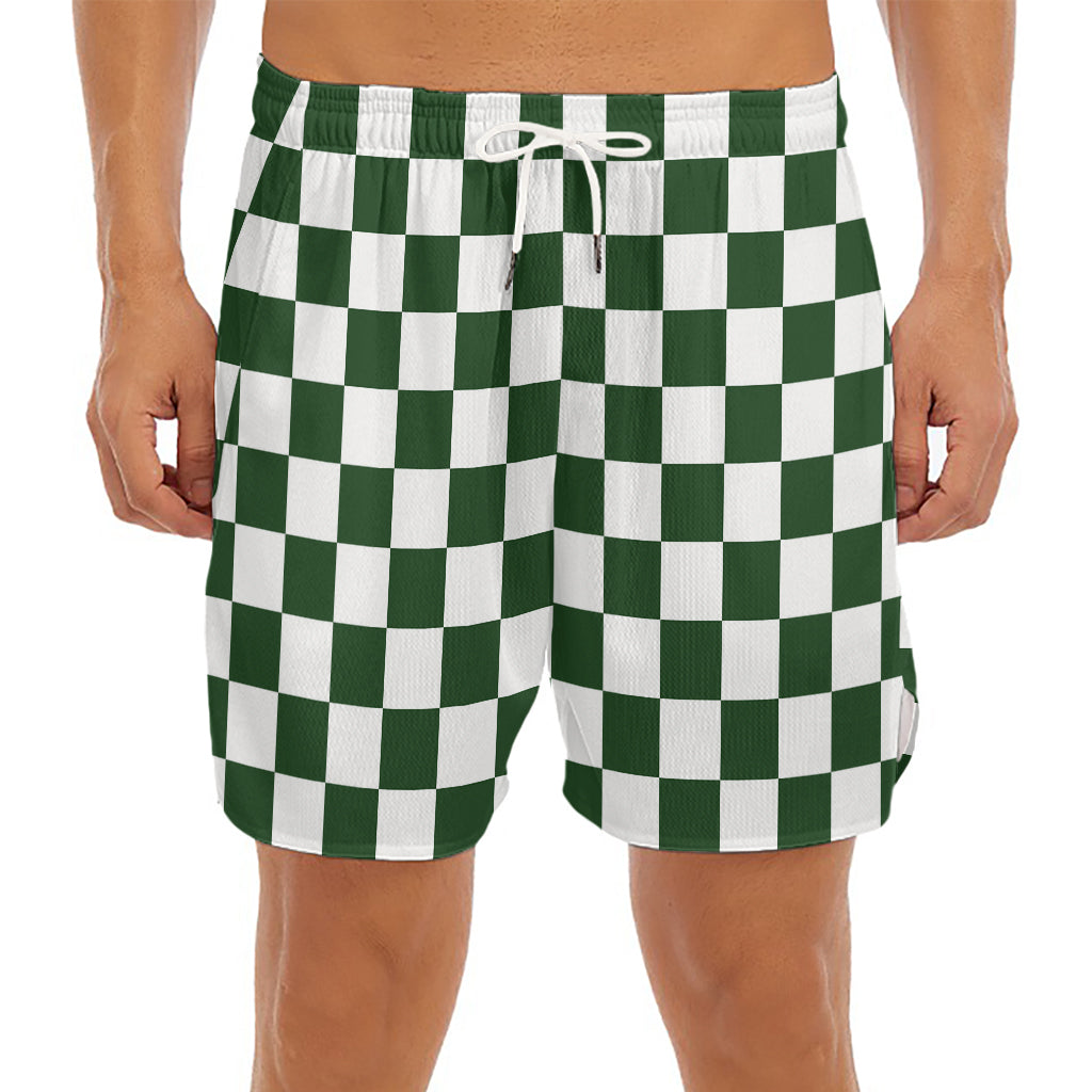Forest Green And White Checkered Print Men's Split Running Shorts